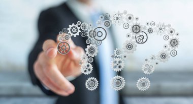 Soru işaretleri dokunmadan işadamı 3d işleme dişli