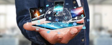 Teknoloji cihazları birbirine 3d render bağlamak işadamı