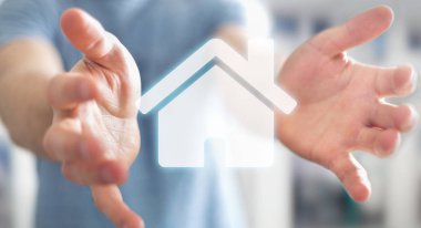 3D render simgesi evi elinde tutan işadamı
