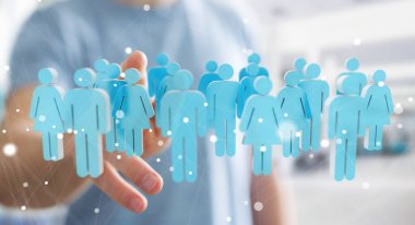 3D render birlikte grup insan onun finge dokunmadan işadamı