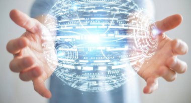 Hologram küre 3d render tutan işadamı