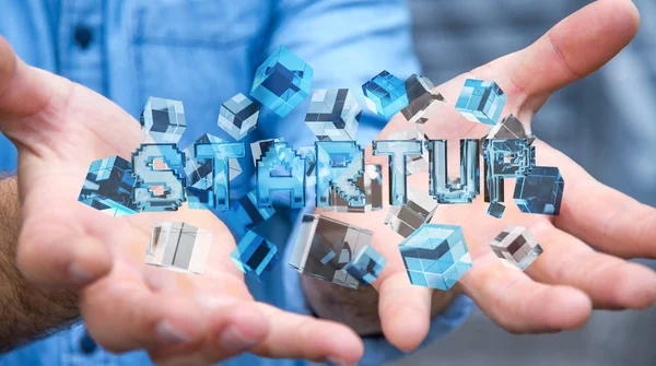 Man holding floating 3D render startup presentation with cube — Stock Photo, Image