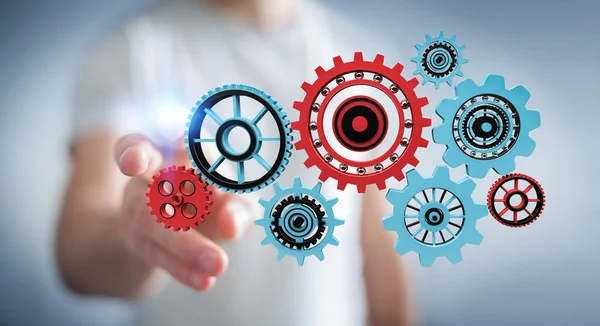 Onun el 3d renderin kayan dişli simgeleri dokunmadan işadamı