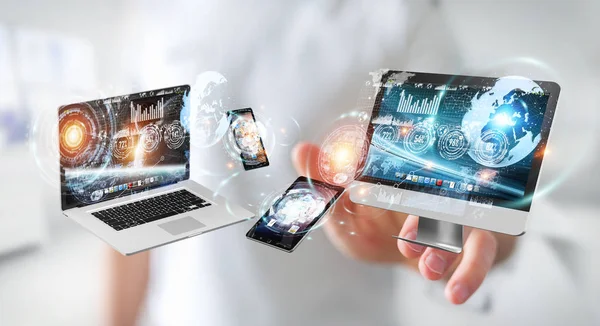 Businessman connecting tech devices to each other 3D rendering — Stock Photo, Image