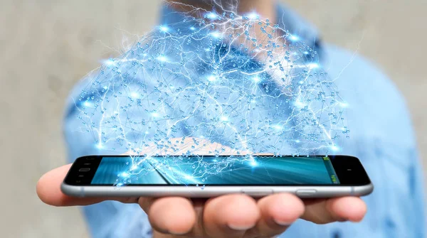 Empresario sosteniendo cerebro humano de rayos X digitales en su mano — Foto de Stock