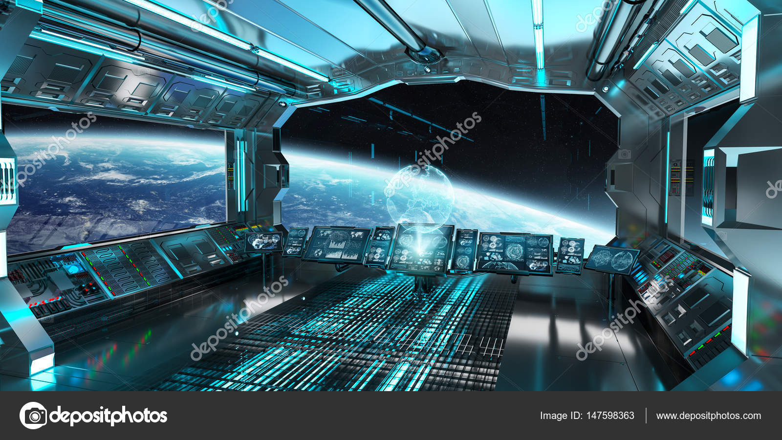 Spaceship Interior With View On The Planet Earth 3d