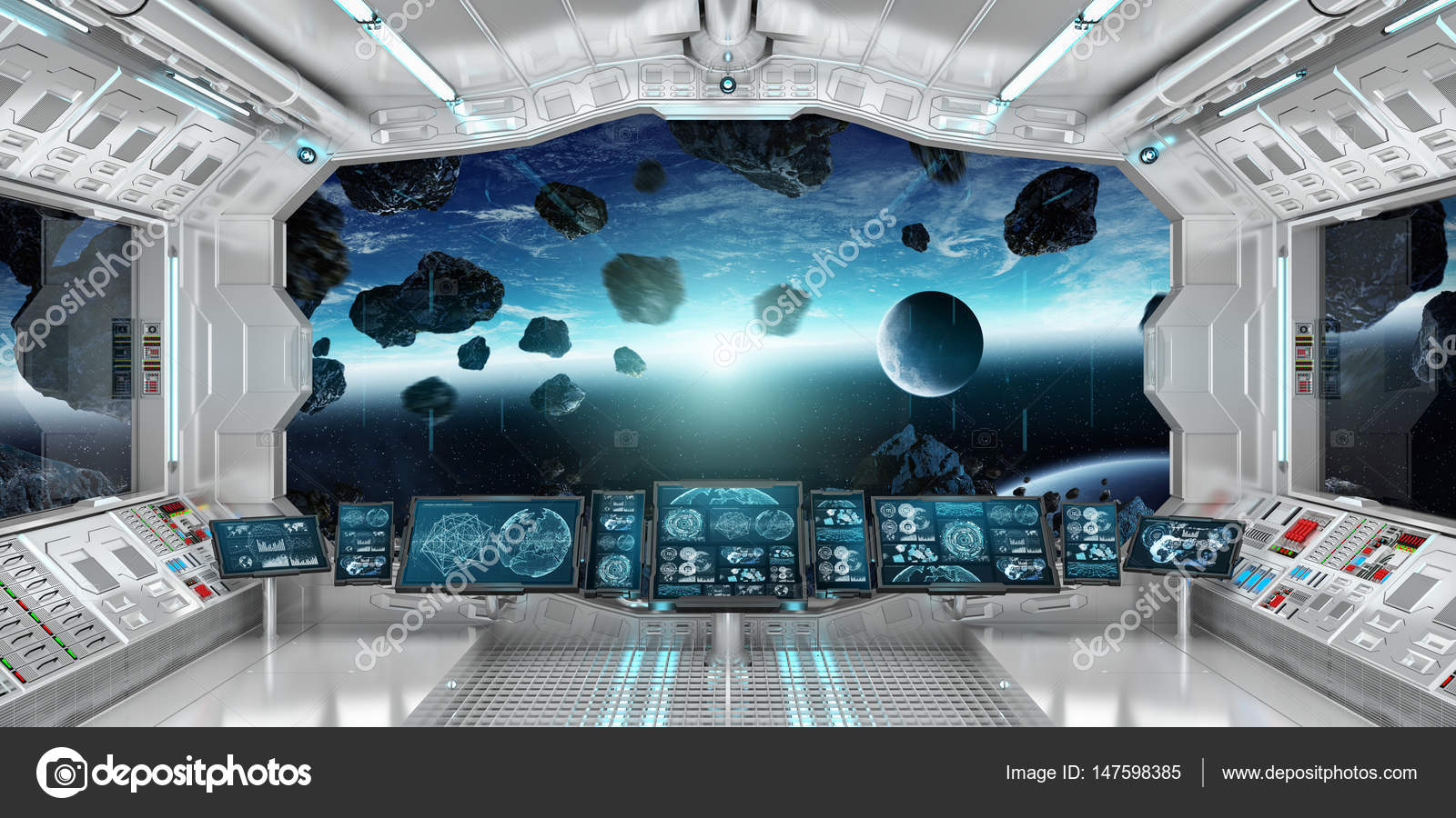 Spaceship Interior With View On The Planet Earth 3d