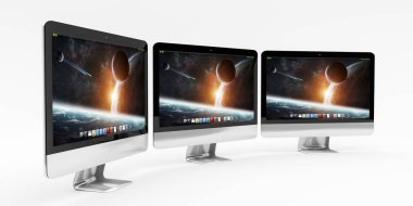 Üçlü modern gümüş ve siyah metalik bilgisayar 3d render