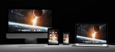 Karanlık modern bilgisayar dizüstü cep telefonu ve tablet 3d render
