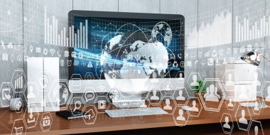 Çalışma alanı modern cihazlar ve hologram ekranlar 3d render ile