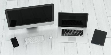 Modern bilgisayar dizüstü cep telefonu ve tablet 3d render