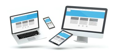 Modern bilgisayar dizüstü bilgisayar cep telefonu ve 3d rende yüzen tablet
