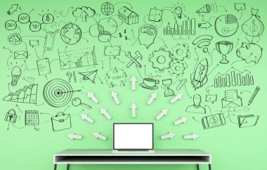 Des üzerinde yeşil bir duvara yazılmış el yazması proje sunumu