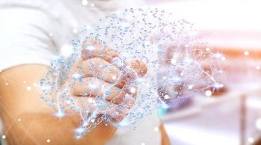 Onun el 3d ren dijital röntgen insan beyninde çizim işadamı