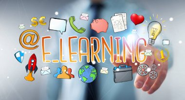 E-öğrenme sunu çizilmiş dokunmadan işadamı