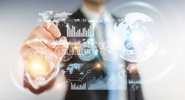 Dijital veriler dokunsal kalemle 3d render hareketli iş adamı