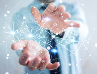 Onun el 3d renderin dijital veri ağ tutan işadamı