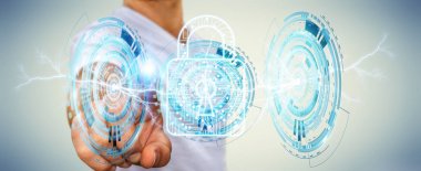 Onun verileri 3d renderi güvenliğini sağlamak için dijital asma kilit kullanarak iş adamı