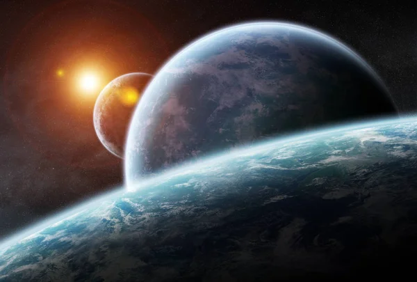 Sistem planetar îndepărtat în spațiu redare 3D — Fotografie, imagine de stoc