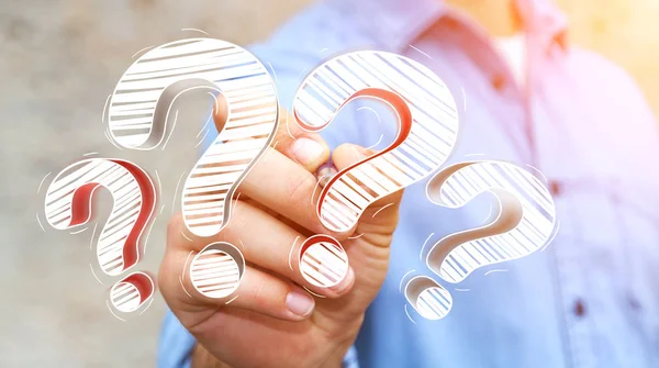 Soru işaretleri bir kalemle çizim işadamı