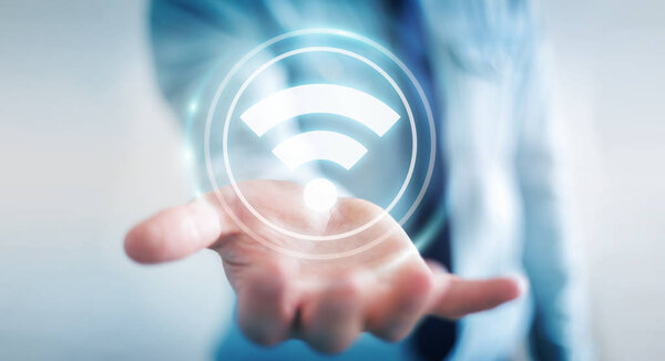 Businessman using free wifi hotspot interface 3D rendering