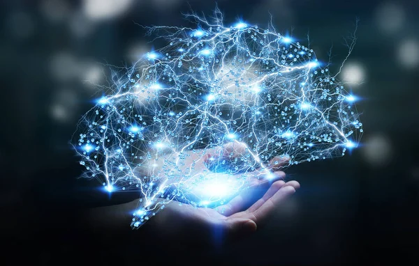 Podnikatelka drží digitální rentgenové lidský mozek v její ruku 3d r — Stock fotografie