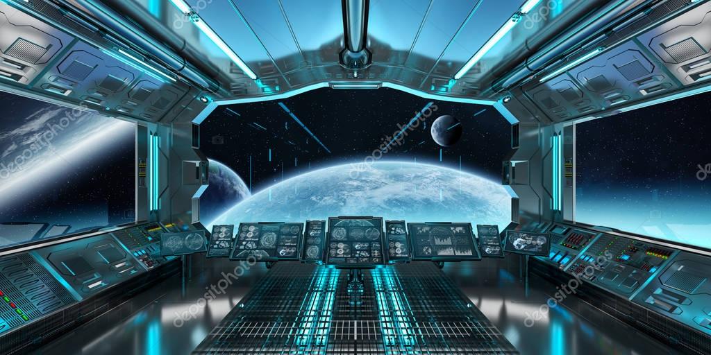 Spaceship interior with view on distant planets system 3D render