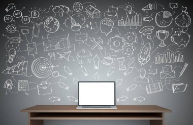 Resepsiyon üzerinde gri bir duvara yazılmış el yazması proje sunumu