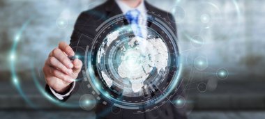 İşadamı hologram ekran dijital veri ile kullanma