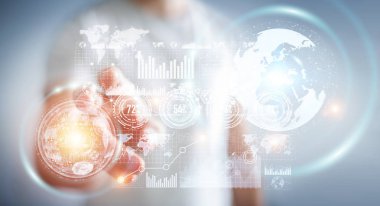 İşadamı hologram ekran dijital veriler 3d renderin ile kullanma