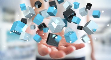 Mavi parlak küp ağ 3d renderin yüzen tutan işadamı