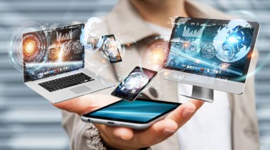 Onun cep telefonu 3d ren ile teknoloji cihazları bağlamak işadamı