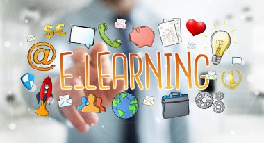 E-öğrenme sunu çizilmiş dokunmadan işadamı