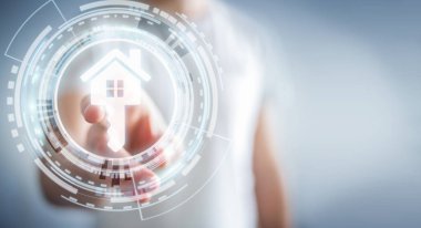 3D işleme simgesini ev parmağıyla dokunmadan işadamı