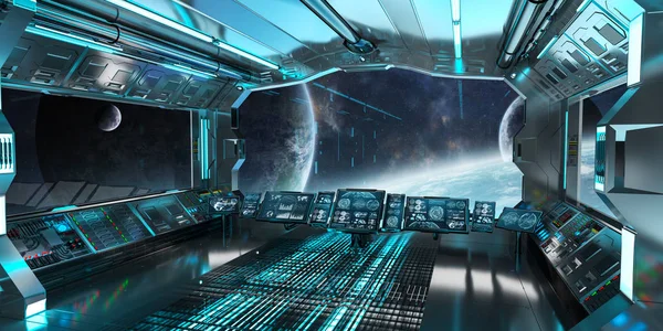 Interior pesawat ruang angkasa dengan tampilan pada sistem planet yang jauh 3D render — Stok Foto