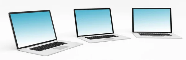 Triple modern digital silver and black laptop 3D rendering — Stock Photo, Image