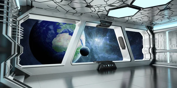 Interior de la nave espacial con vista al planeta Tierra 3D renderizado el —  Fotos de Stock