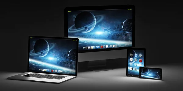Computador moderno escuro laptop telefone celular e tablet 3D renderização — Fotografia de Stock