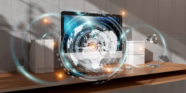 Arbeitsplatz mit modernen Geräten und Hologramm-Bildschirmen 3D-Rendering — Stockfoto