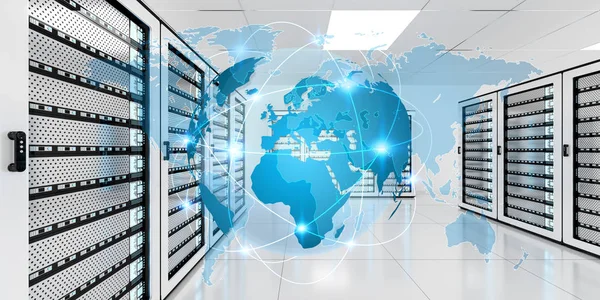 Red terrestre que vuela sobre el centro de datos de la sala de servidores renderizado 3D —  Fotos de Stock