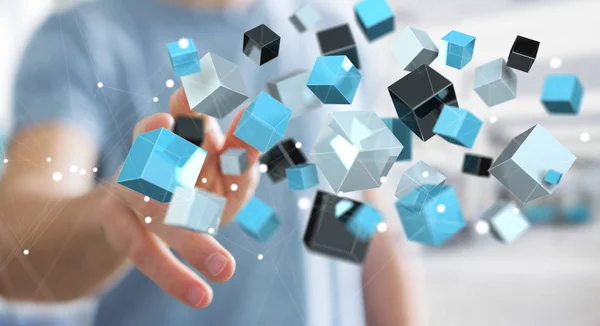 Empresário tocando flutuante azul brilhante cubo rede 3D renderi — Fotografia de Stock