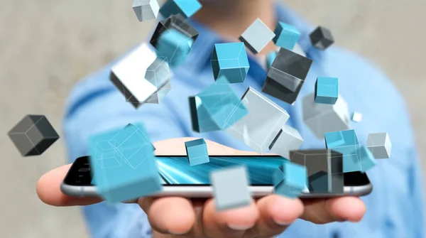 Affärsman som håller flytande blå glänsande kub nätverk 3d renderin — Stockfoto