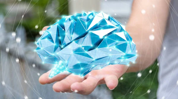 Бізнесмен тримає цифровий рентгенівський людський мозок в руці 3D ren — стокове фото