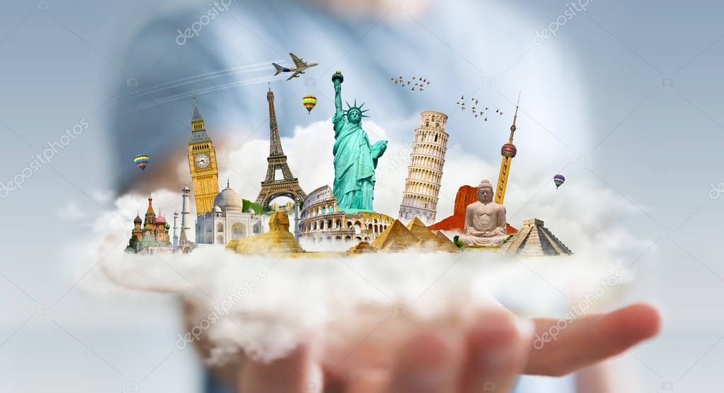 Businessman holding a cloud full of famous monuments in his hand