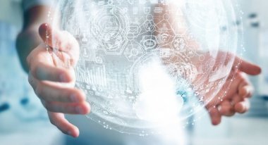 Hologram küre 3d render tutan işadamı