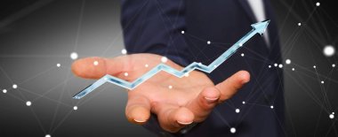 Dijital mavi ok 3d render tutan işadamı