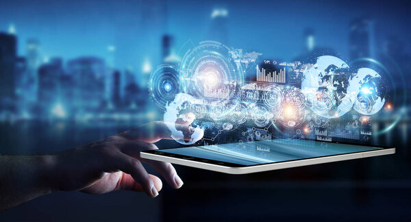 Экран голограммы с цифровыми данными, используемыми бизнесменом 3D рендерингом
