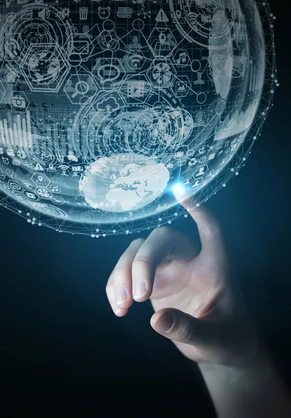 Businesswoman touching hologram sphere 3D rendering — Stock Photo, Image