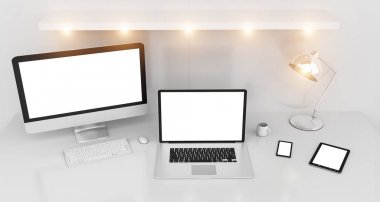 Modern beyaz Resepsiyon iç bilgisayar ve aygıtları 3d renderin