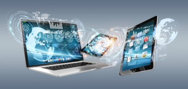 Teknik cihazlar ile simgeleri ve grafikleri 3d render uçan